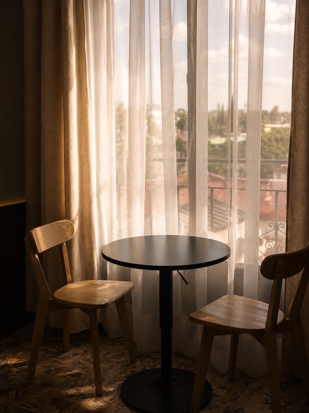Desk, laptop workspace, blackout drapes, iron/ironing board