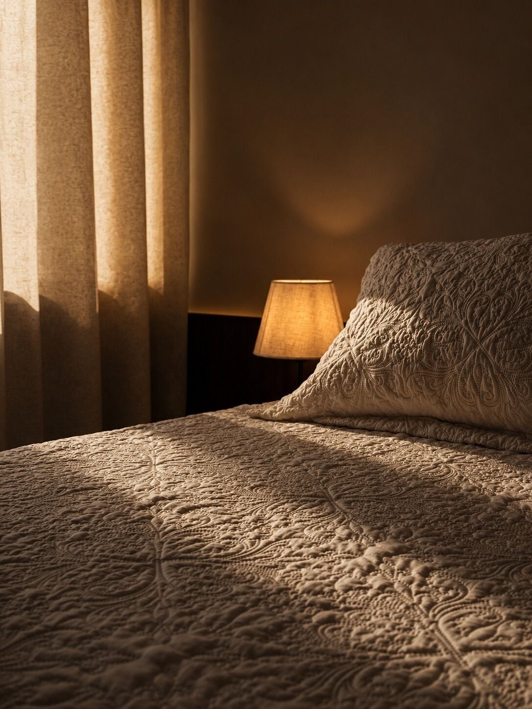 A neatly made bed with a patterned bedspread, a bedside lamp, and a curtain partially drawn to the side.