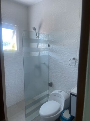 Regadera, toallas, jabón, papel de baño 