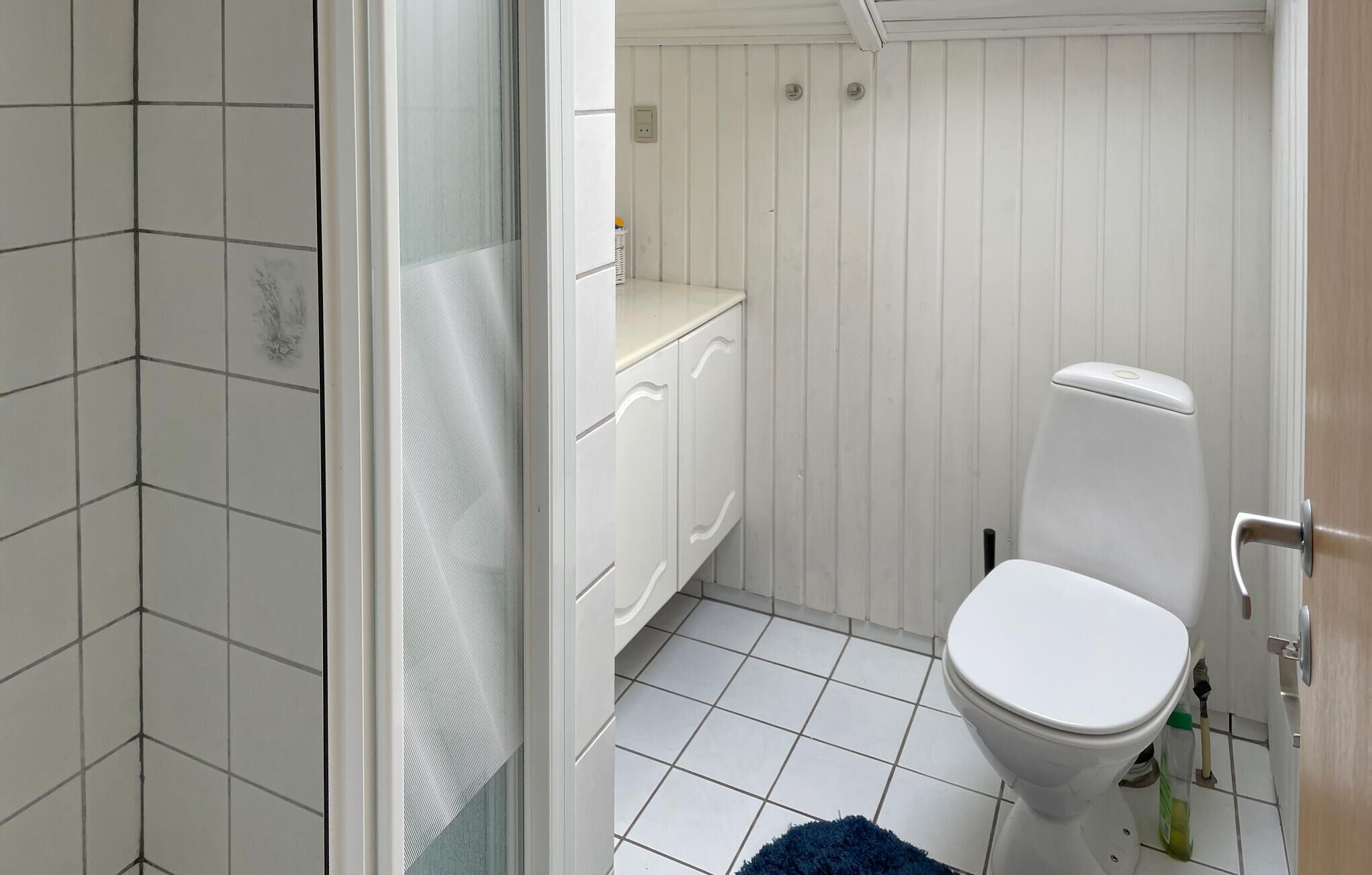 Ein Badezimmer mit Toilette, Waschbecken mit weißer Ablagefläche und Duschbereich mit Glastür.