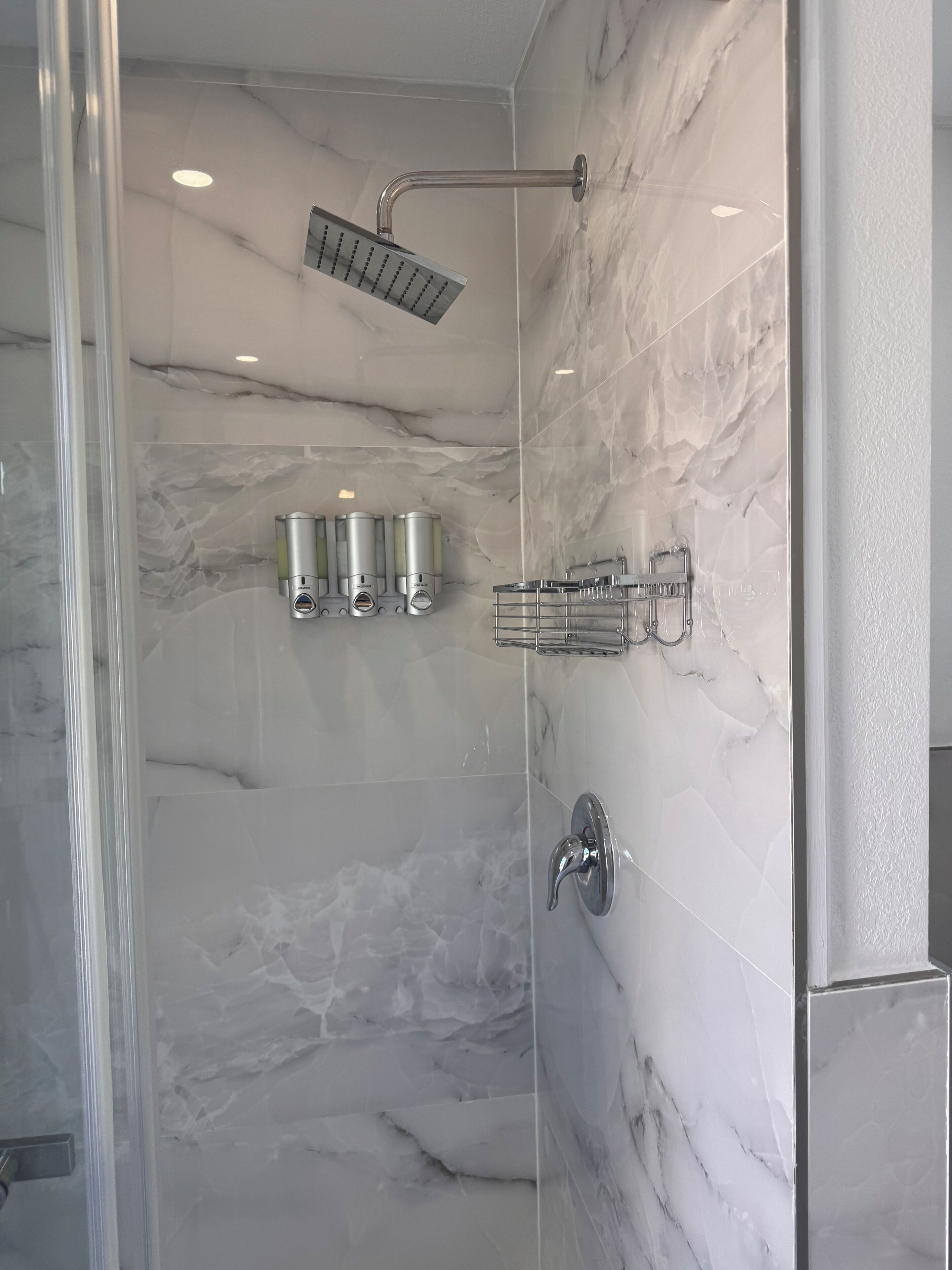 Hair dryer, towels, soap, toilet paper