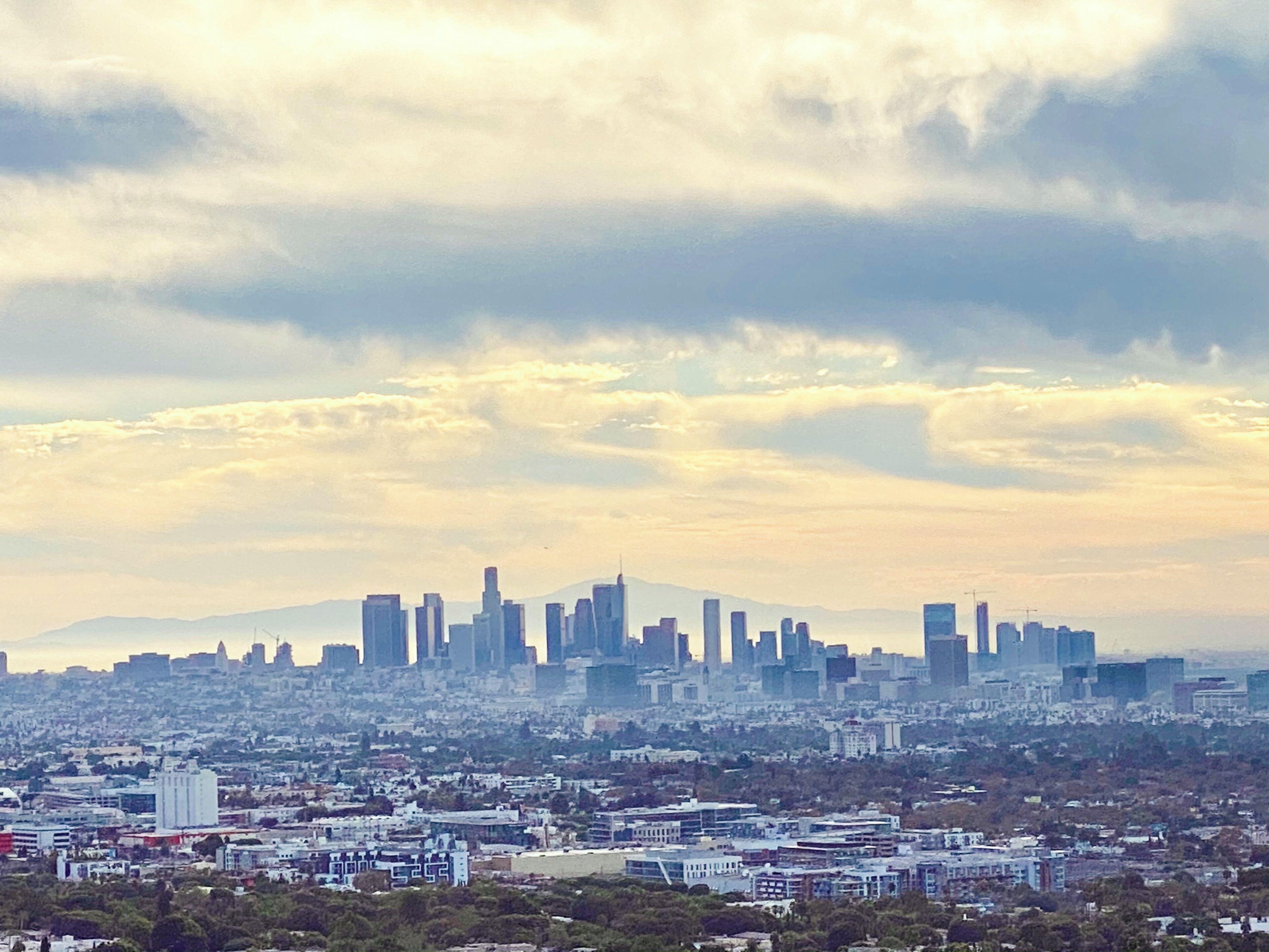 A city skyline with high-rise buildings, a distant mountain, and a cloudy sky.