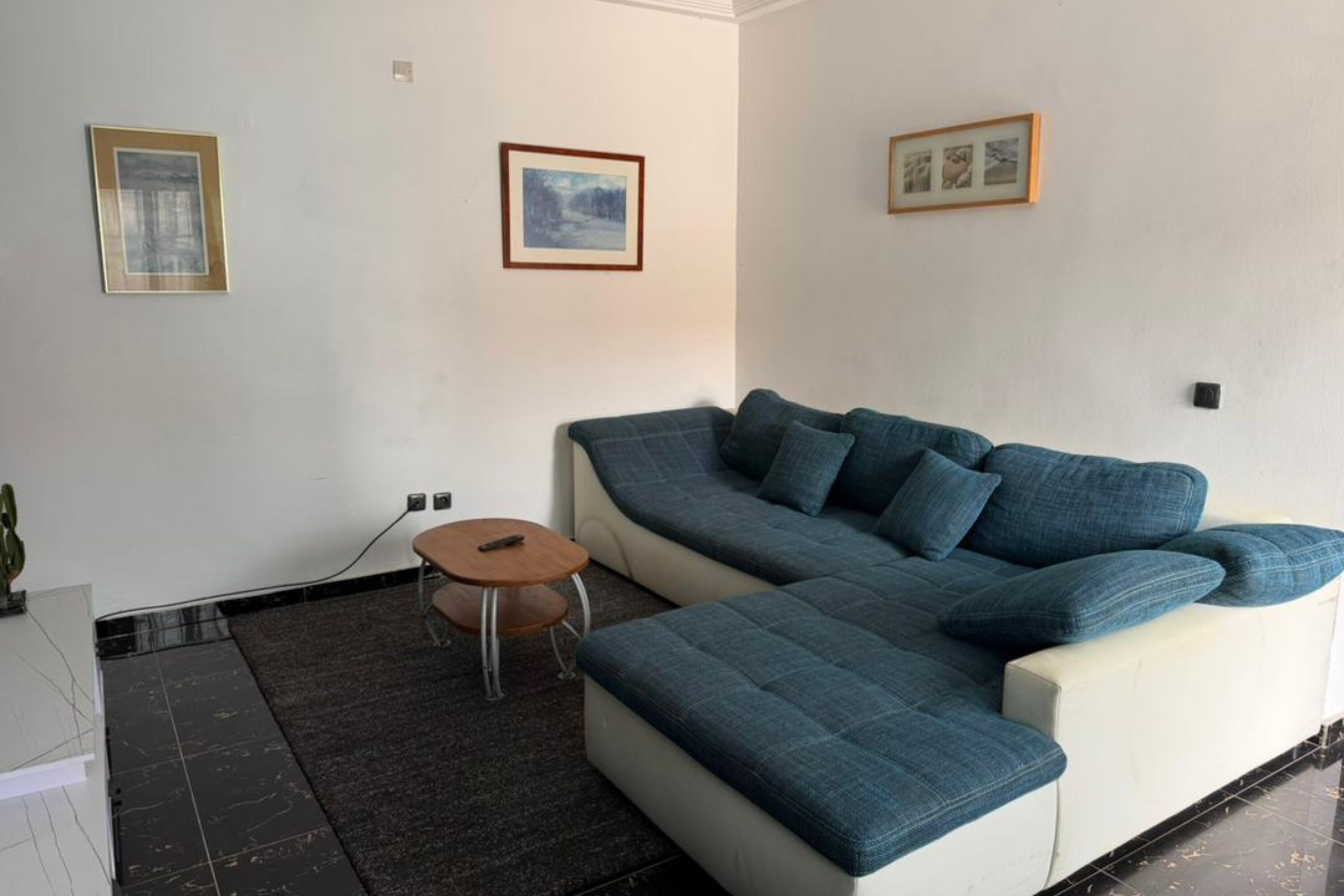 A modern living room with a sectional sofa, a small round table, and a potted plant.
