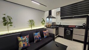 Et moderne køkken med en sort bordplade, komfur og vaskemaskine. Der er en sort sofa med farverige puder og et lille bord med en fjernbetjening.