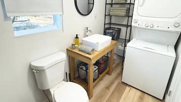 Hair dryer, towels, soap, toilet paper