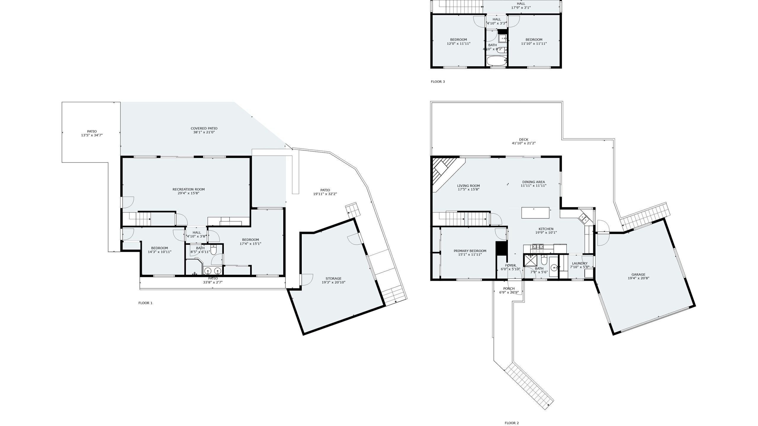Floor plans of a house with a patio, recreation room, bedrooms, bathroom, storage, dining area, kitchen, garage, and a covered patio.