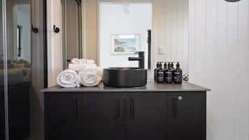 Shower, hair dryer, towels