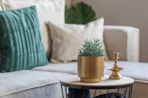A cozy interior corner with a sofa and decorative pillows. A small coffee table sits beside the seating area.