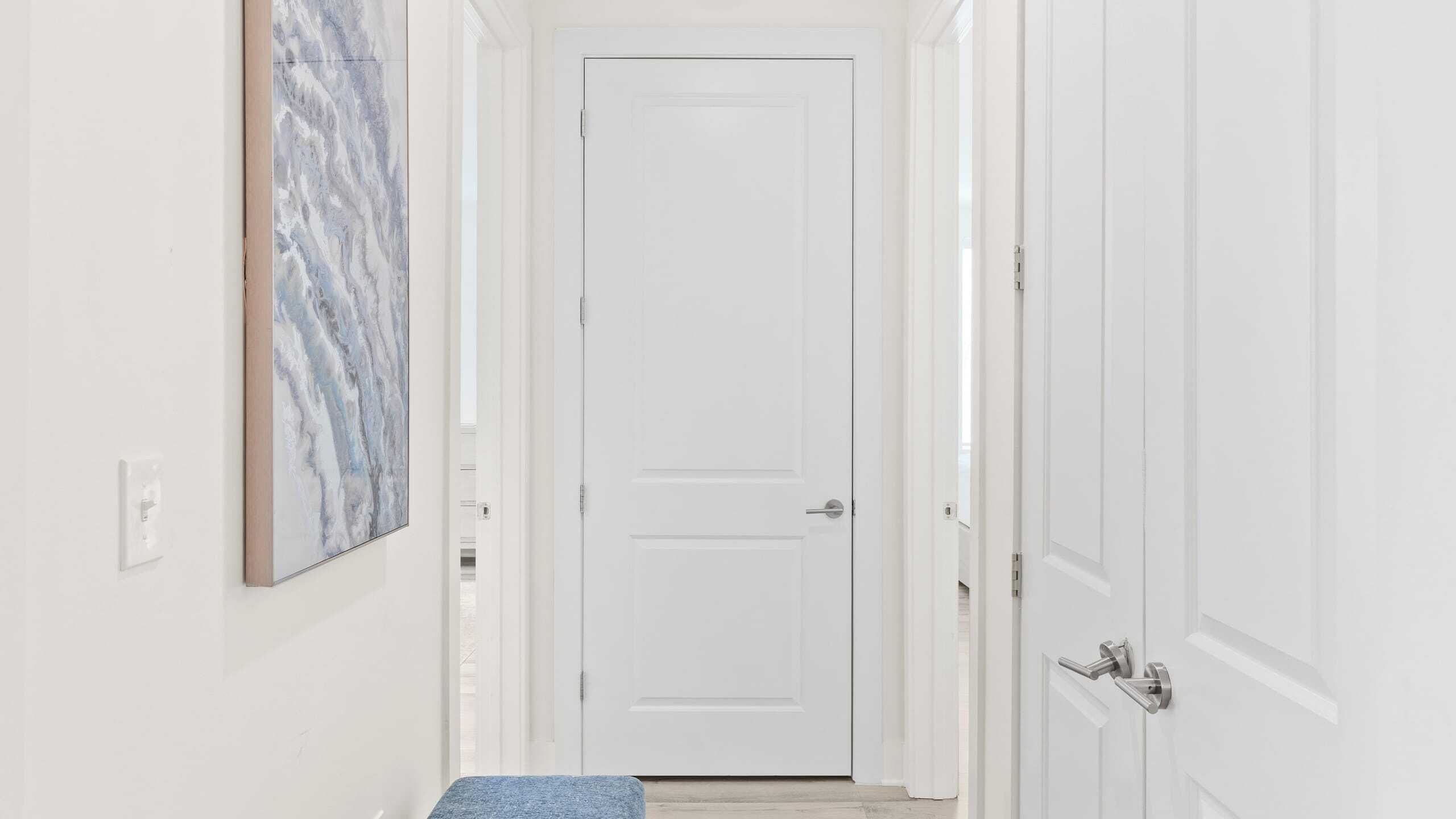 A narrow hallway with a white door at the end, a blue mat at the entrance, and a marble-patterned artwork on the left wall.