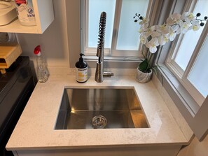 Eine Küchenspüle mit einem modernen Wasserhahn, einer Seifenflasche und einem Topf mit einer Orchidee.