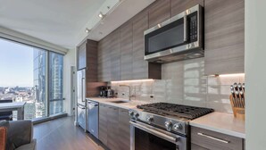 A modern kitchen with a large window, stainless steel appliances, and a city view. - Luxury Apt Back Bay | Near Prudential Center (Boston, MA)