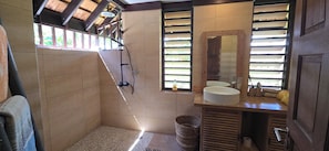 Shower, eco-friendly toiletries, towels, soap