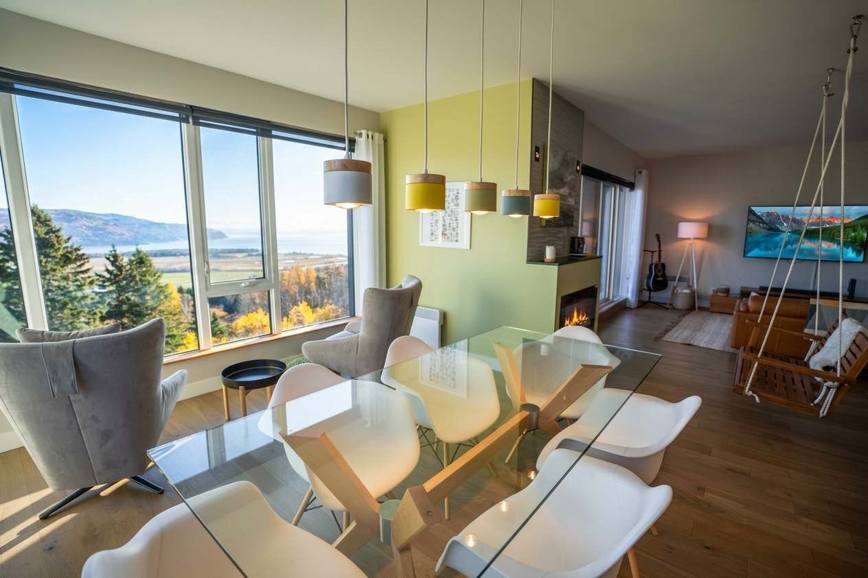 A modern dining area with a glass table and chairs, a fireplace, and a view of the outdoors.