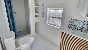 Shower, hair dryer, towels
