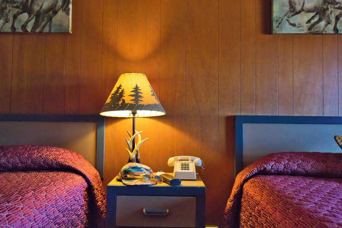 A hotel room with two beds, a nightstand with a lamp, a telephone, and a decorative item.