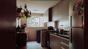 Een keuken met een fornuis, gootsteen en een koelkast. Er is een raam met planten erbuiten.