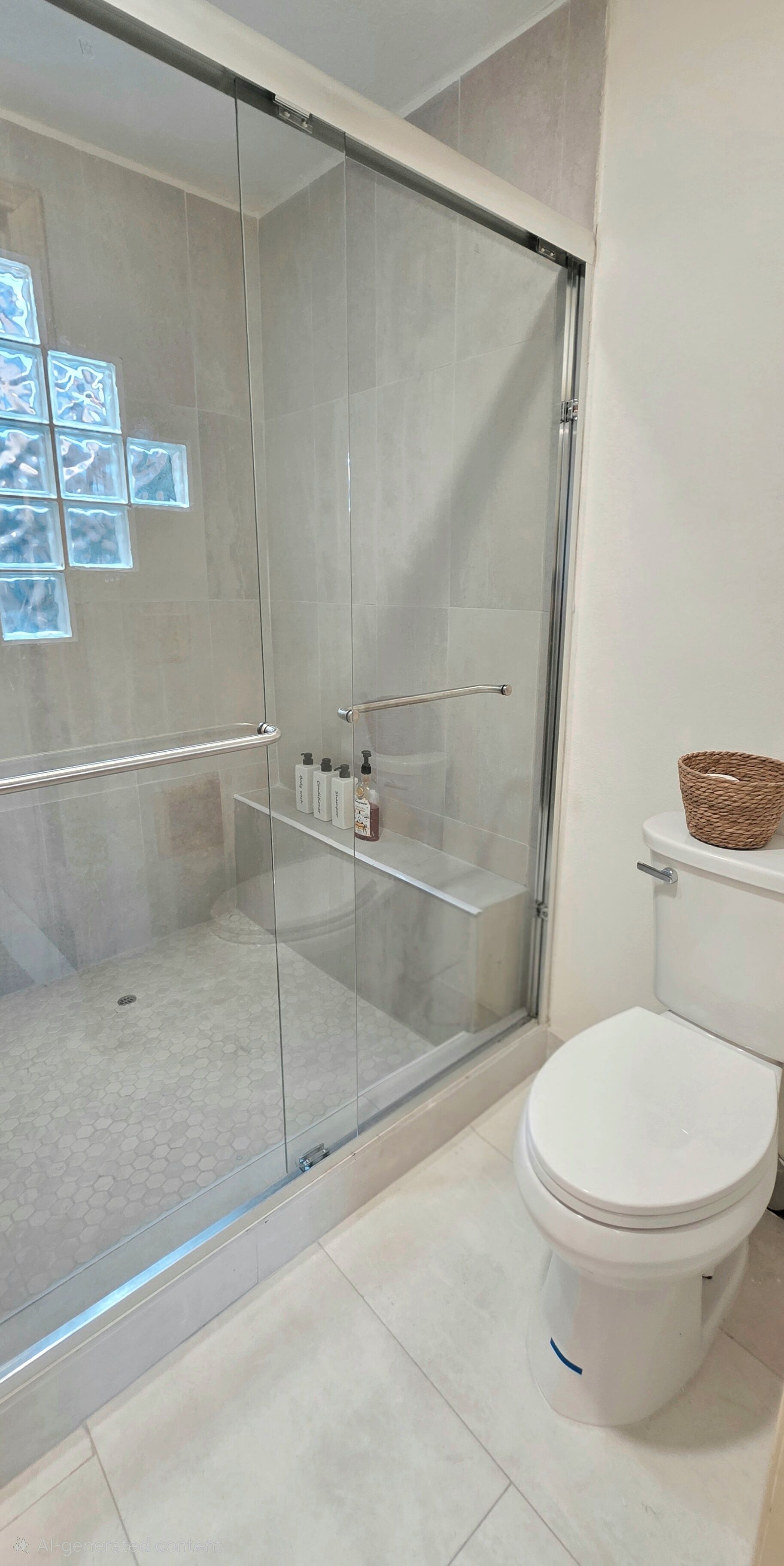A bathroom with a glass-enclosed shower, a toilet, and a shelf with toiletries.
