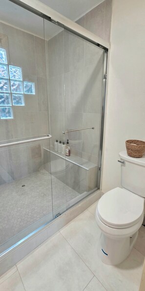 Ducha, secador de pelo, toallas y jabón