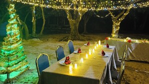 Un área de comedor al aire libre con mesas dispuestas para una comida, rodeada de árboles y luces colgantes.