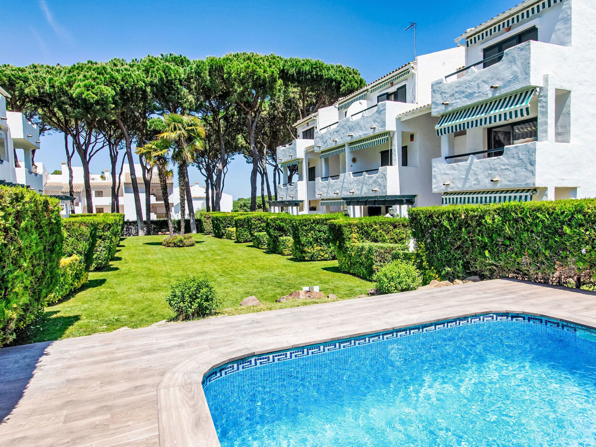 Une piscine entourée de pelouses bien entretenues et d’arbres, avec des immeubles à plusieurs étages en arrière-plan.
