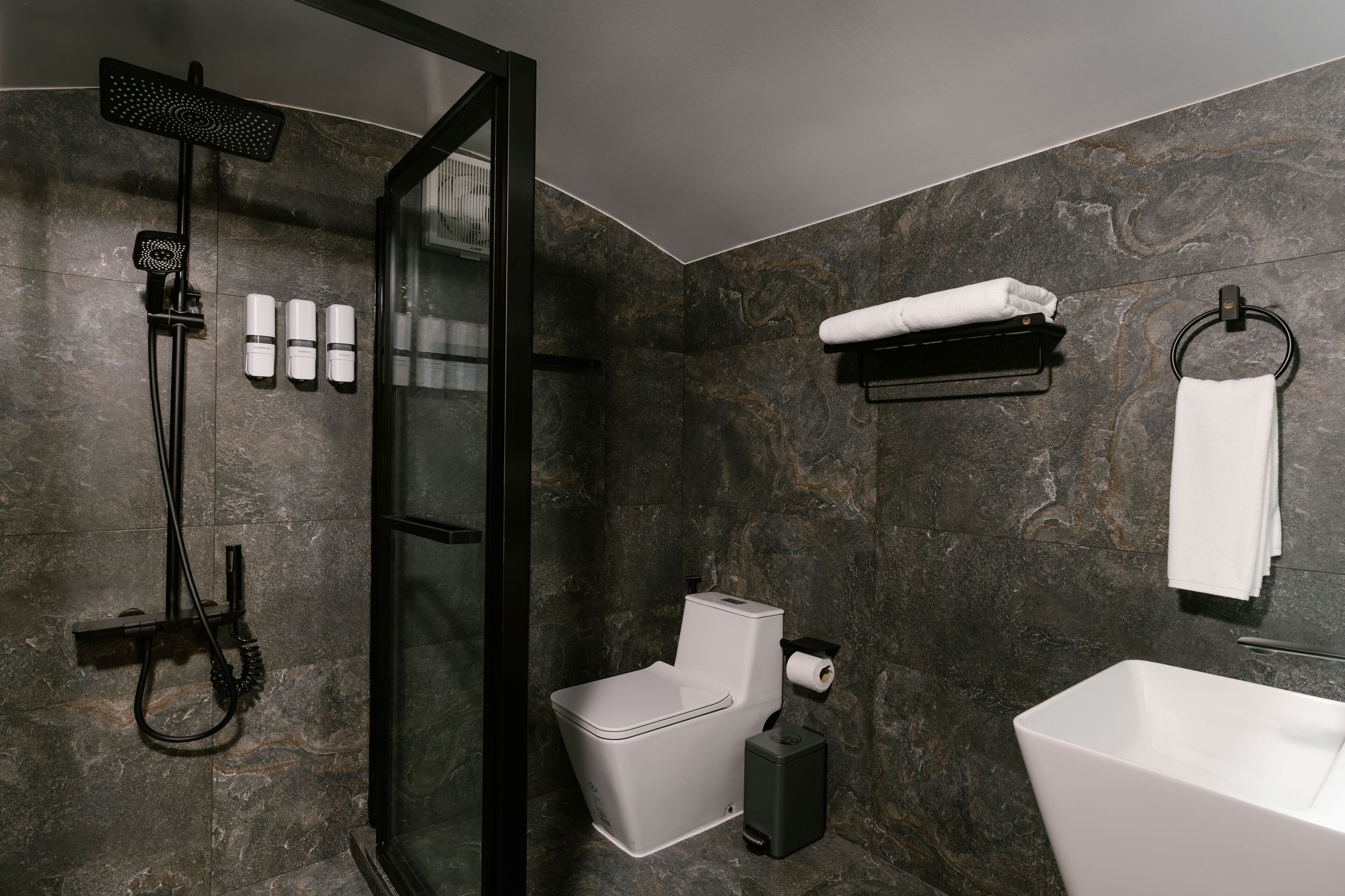A modern bathroom with a shower, toilet, and sink.