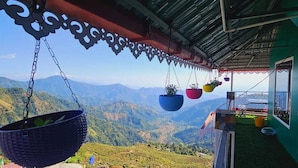 Un balcón con macetas colgantes que da a un paisaje montañoso.