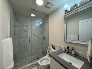 Shower, towels, soap, toilet paper - Furnished 2-Bed Apartment w/ Private Parking & In-suite Laundry (Toronto)