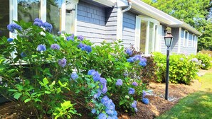 Una casa con jardín que incluye arbustos de hortensias.