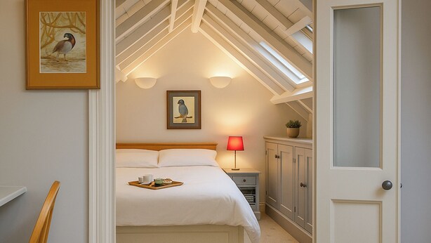 A bedroom with a bed, bedside table, lamp, and framed pictures on the wall. - The Coach House - UK50884 (North Walsham)