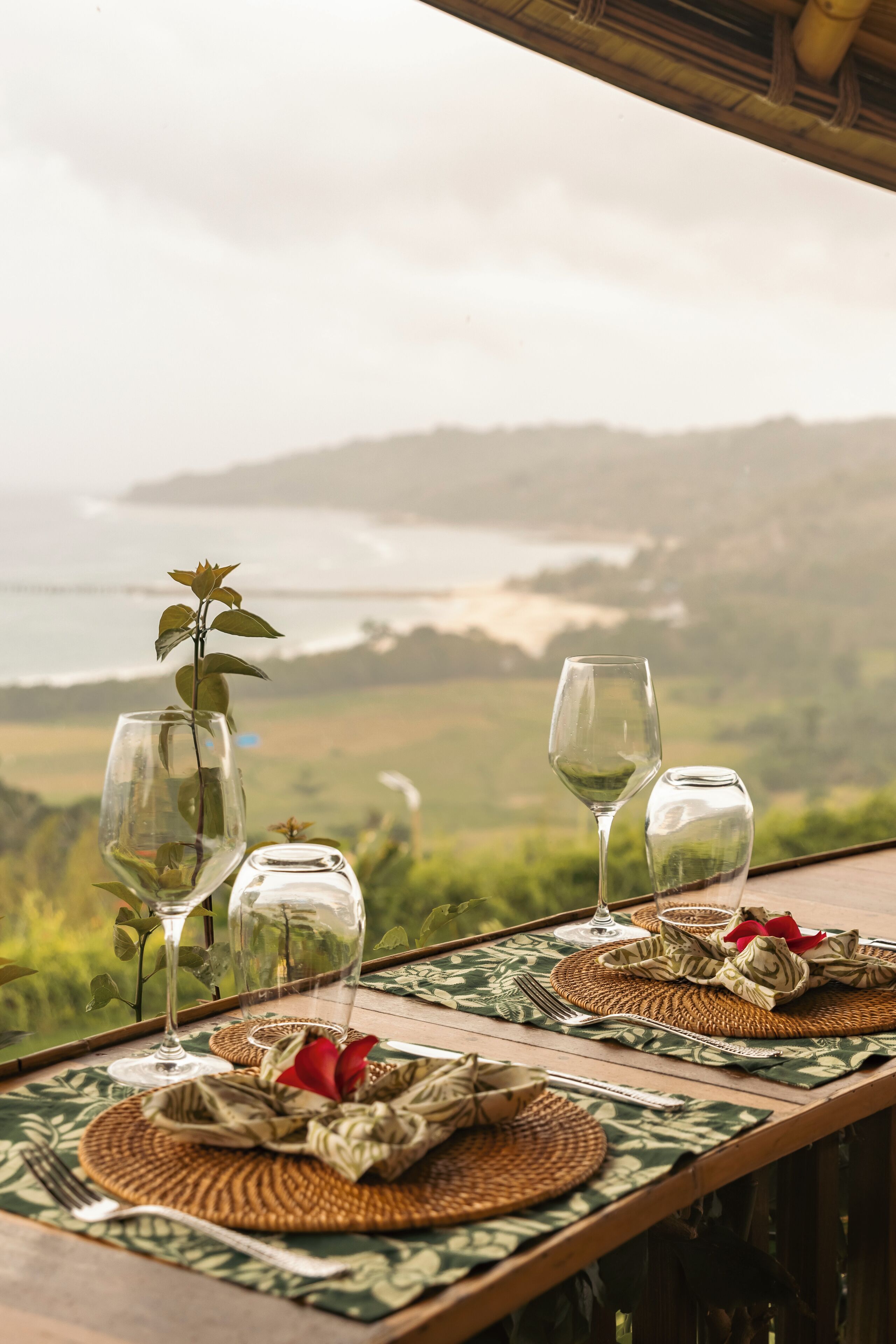 Mesa servida con copas de vino y una planta, con vistas a un paisaje pintoresco.