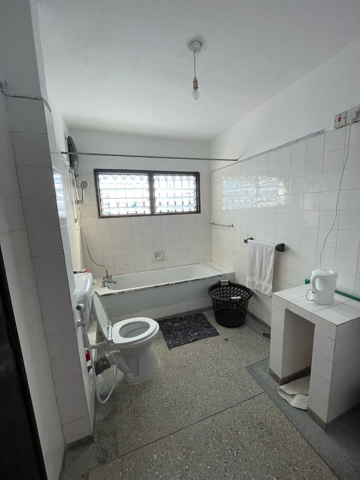 Shower, towels, soap, toilet paper