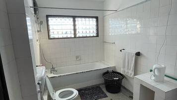 Shower, towels, soap, toilet paper