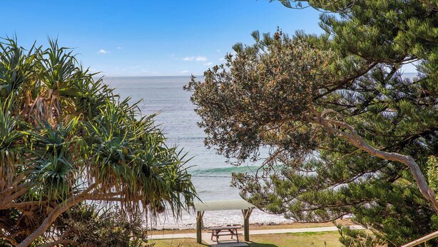 A beach view with a picnic table and chairs, surrounded by trees and a clear sky. - Marg's - Oceanstays - Oceanfront (Brooms Head)