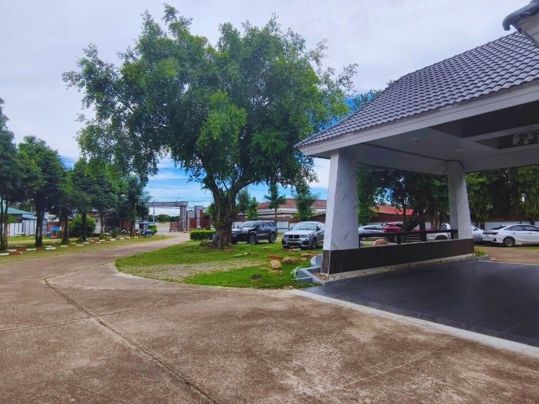 A covered parking area with a paved walkway, a large tree, and several parked cars.