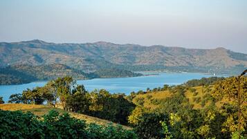 Vista panorámica de un lago rodeado de colinas con vegetación densa en primer plano.
