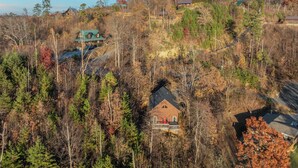 A remote cabin surrounded by dense forest with a clear view of the surrounding landscape. - Whisper Cabin: Hot Tub, Game Loft, Open Living, Minutes to Downtown Gatlinburg (Gatlinburg)