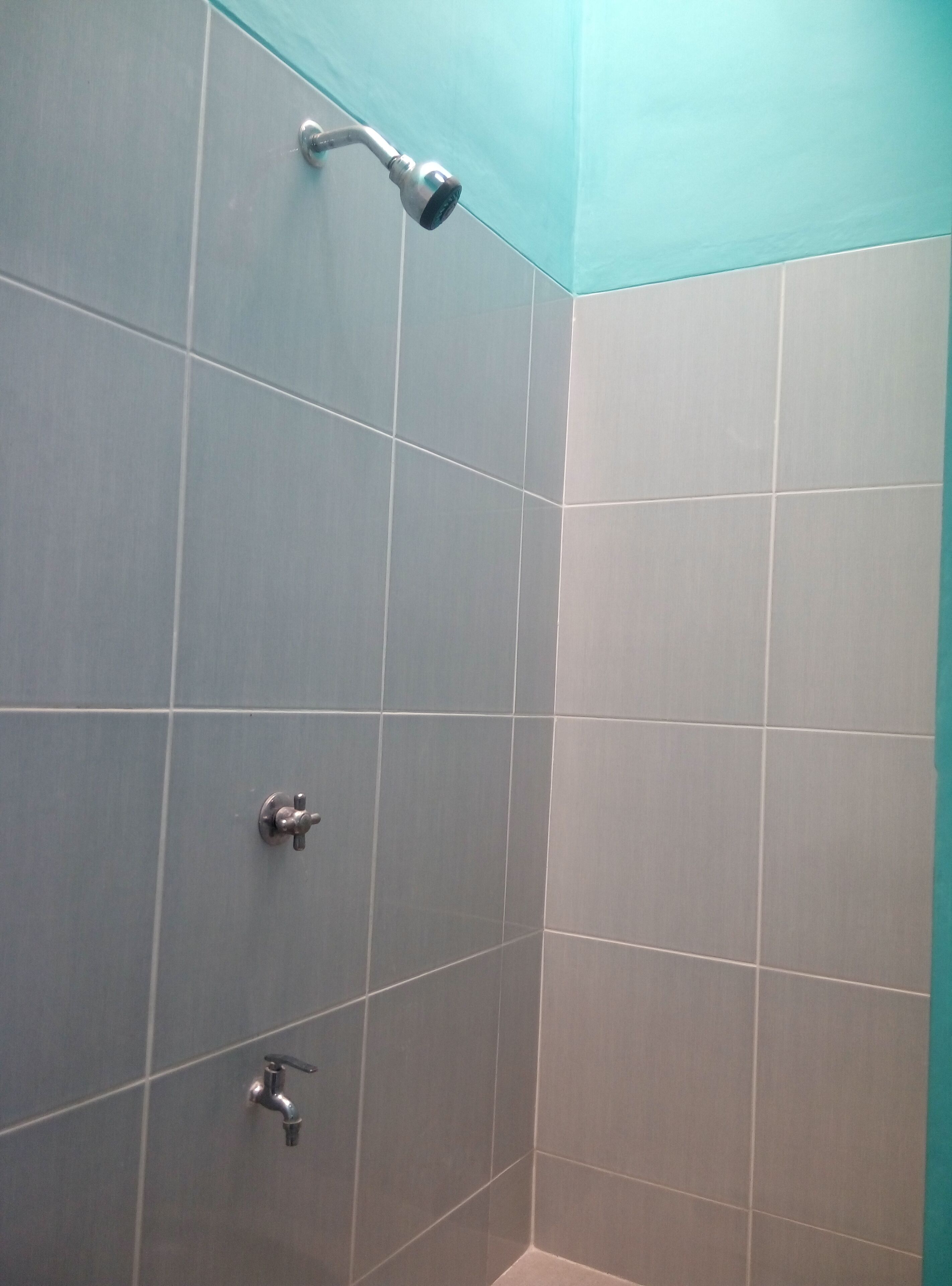Un espace douche équipé d’un pommeau de douche à main et de deux robinets fixés au mur.