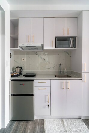 Fridge, microwave, stovetop, cookware/dishes/utensils - Elegant studio, close to the airport and big malls (Davao City)