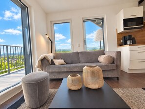 Un salon moderne avec un canapé gris, deux fenêtres, un coin cuisine équipé d’un four à micro-ondes et un balcon avec vue.