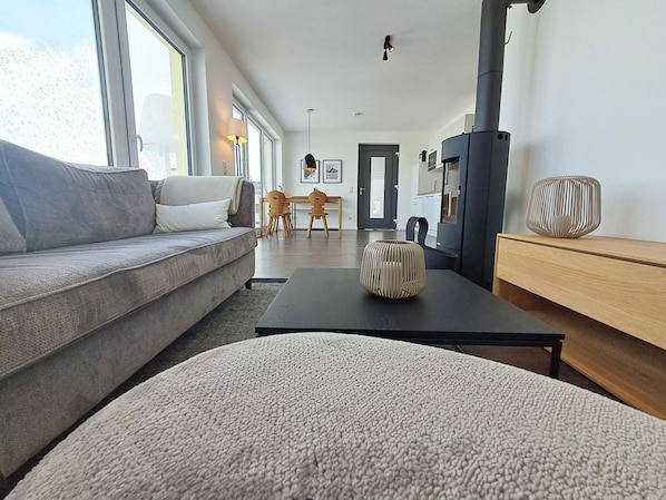 A modern living room with a sofa, a coffee table, and a fireplace. - Modern vacation apartment with balcony, sauna and mountain view in the mountain resort - (Winterberg)