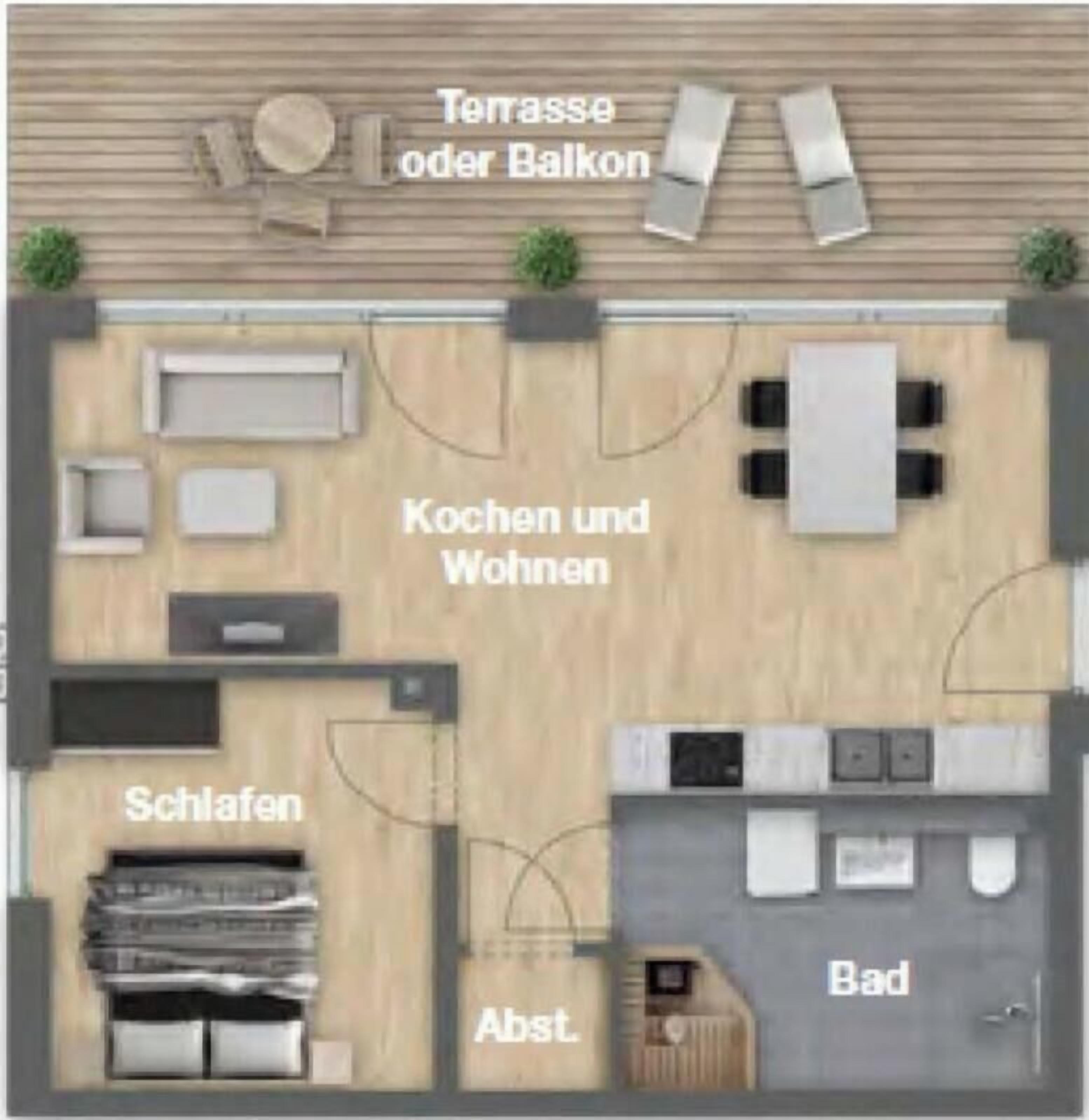 A floor plan of a hotel with a terrace or balcony, a kitchen and living area, a bathroom, a bedroom, and a bathroom.