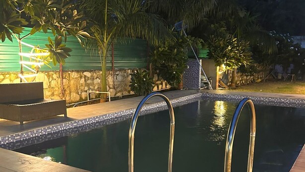 A rectangular swimming pool with metal handrails, surrounded by a wooden deck and various tropical plants. - Mango People Farm (Sohna)