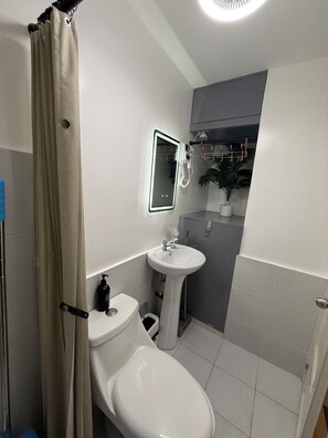 Kylpyhuone, jossa on wc, pesuallas, peili ja suihkuverho.