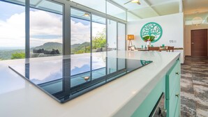 Une cuisine moderne dotée de grandes fenêtres qui offrent une vue sur un paysage montagneux.