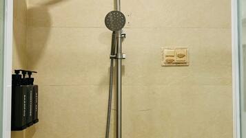 Hair dryer, bidet, towels, soap