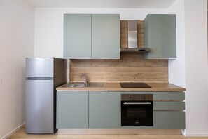 A compact kitchen with a built-in refrigerator, a sink, a stove, and a dishwasher. - Sea View Suite (Margherita di Savoia)