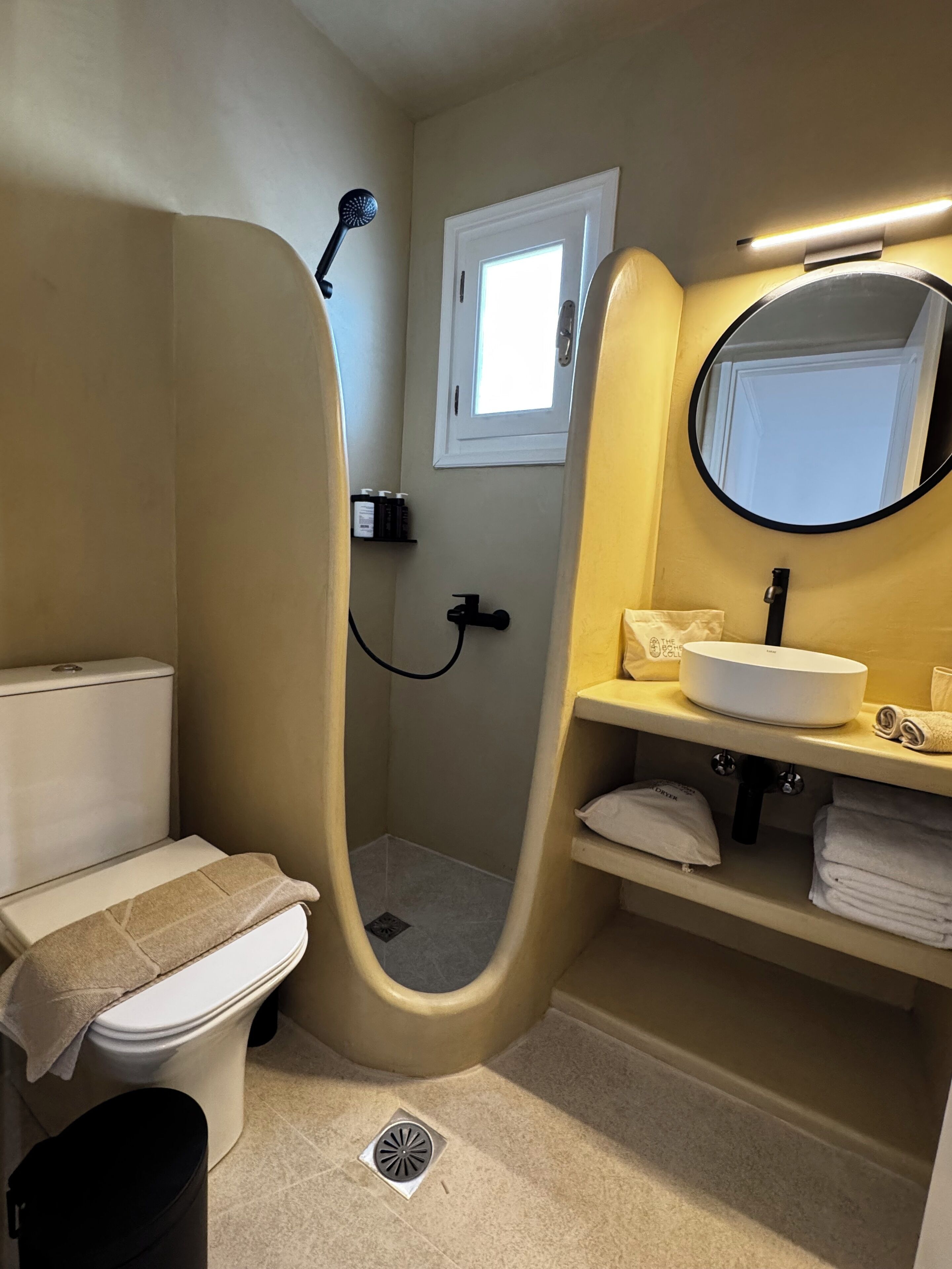 Shower, slippers, soap, shampoo