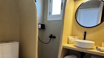 Shower, slippers, soap, shampoo