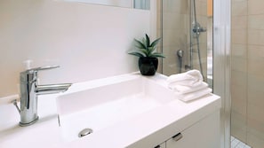 Douche, sèche-cheveux, serviettes fournies