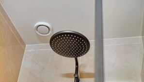 Shower, hair dryer, towels, shampoo